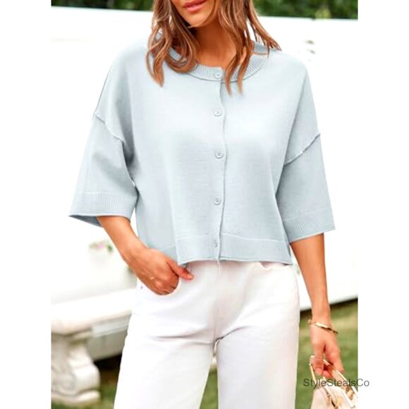 Cropped Ribbed Cardigan Sweater, Lightweight Oversized Fit, Half Sleeve Button - Picture 2 of 7